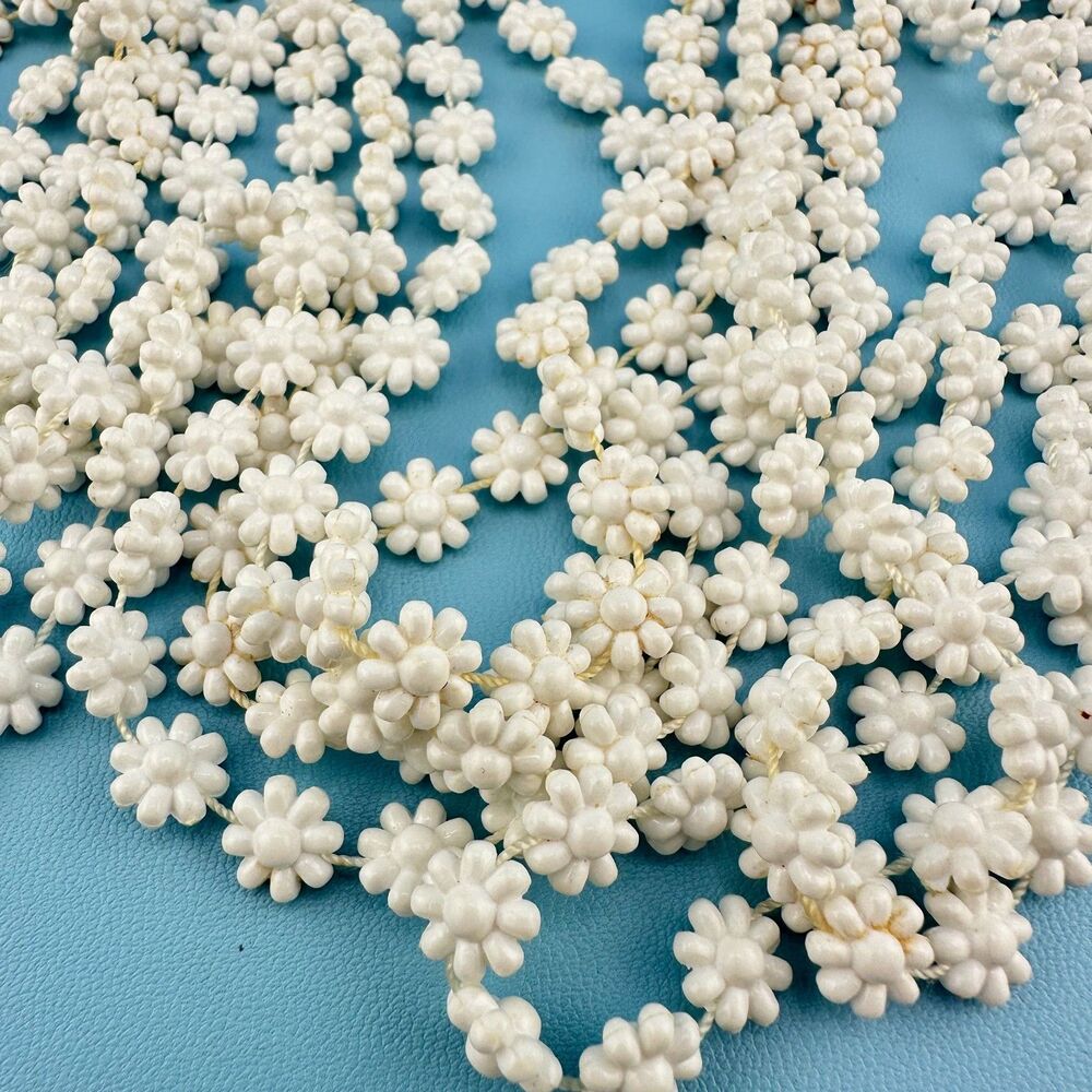 Vintage Flower Bead Necklace White Acrylic Multi Strand Long Flapper 48" Retro